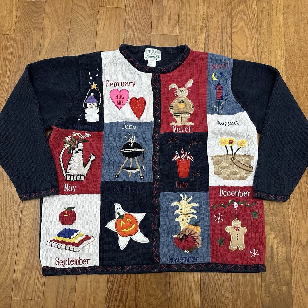 Vintage Quacker‎ Factory Sweater Womens 1X Holiday Months Patchwork Novelty 90s